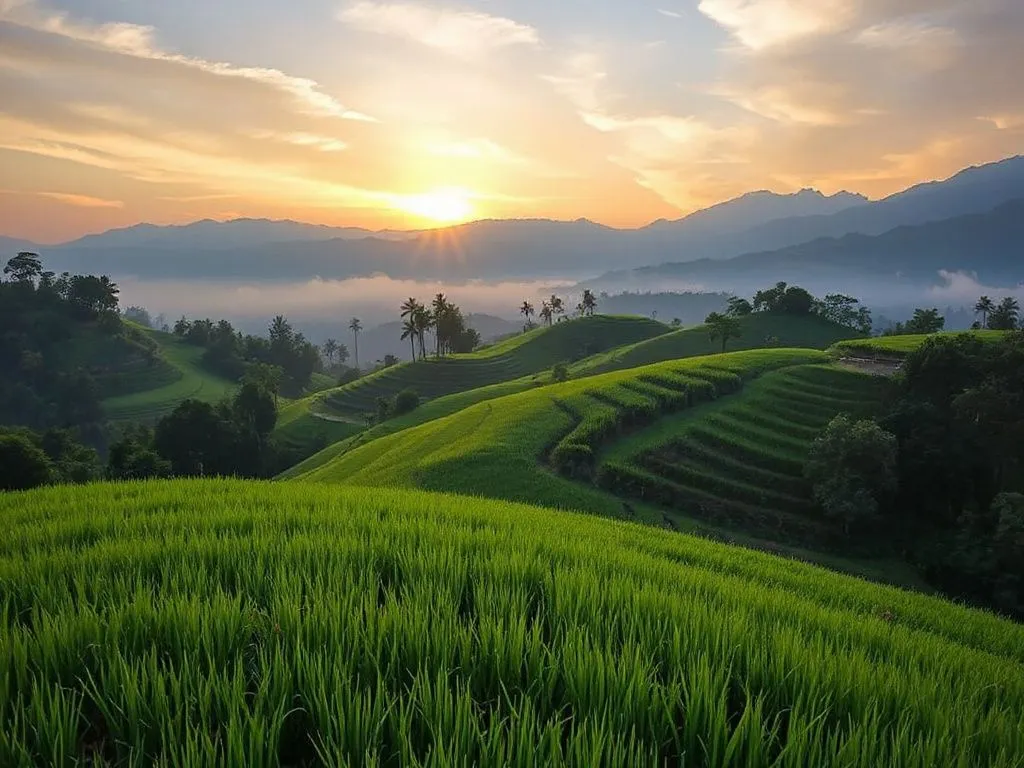 Photorealistic view of peaceful Tegallalang Rice Terrace at sunrise, with rice paddies stretching into the horizon, misty mountains in the background, professional lighting