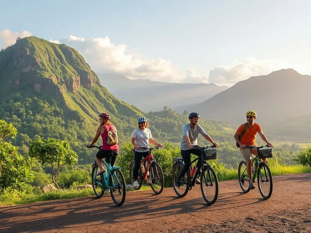 Visual of eco-friendly tourism in Bali, tourists using bicycles to explore, surrounded by natural landscapes, highlighting sustainable travel methods