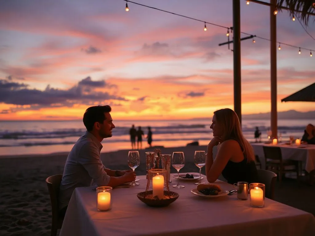 A couple enjoying a romantic dinner at a beachfront restaurant in Bali during sunset, gentle waves and candlelight creating a serene atmosphere, representative of an AI-crafted personalized travel moment, photorealistic, warm tones A couple enjoying a romantic dinner at a beachfront restaurant in Bali during sunset, gentle waves and candlelight creating a serene atmosphere, representative of an AI-crafted personalized travel moment, photorealistic, warm tones