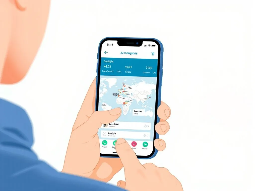 A digital illustration of a user interacting with AI-driven travel planning app on their smartphone, map and itinerary suggestions displayed, modern and sleek UI, capturing the essence of AI technology in travel, high quality A digital illustration of a user interacting with AI-driven travel planning app on their smartphone, map and itinerary suggestions displayed, modern and sleek UI, capturing the essence of AI technology in travel, high quality