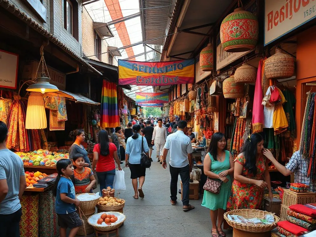 A local Bali market scene with vibrant colors, featuring artisanal goods, textiles, and traditional crafts, diverse people browsing and interacting, immersive cultural experience, detailed and lively A local Bali market scene with vibrant colors, featuring artisanal goods, textiles, and traditional crafts, diverse people browsing and interacting, immersive cultural experience, detailed and lively
