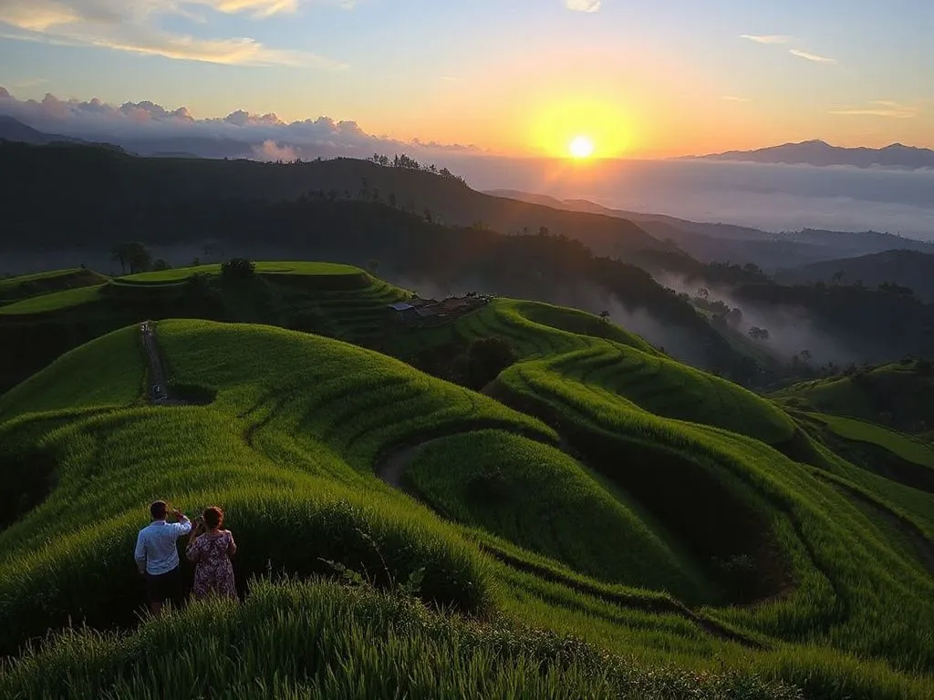 A peaceful sunrise view over Jatiluwih Rice Terraces, minimal tourists, vibrant green landscape, morning mist, highlighting tranquility and natural beauty, photorealistic photography style A peaceful sunrise view over Jatiluwih Rice Terraces, minimal tourists, vibrant green landscape, morning mist, highlighting tranquility and natural beauty, photorealistic photography style