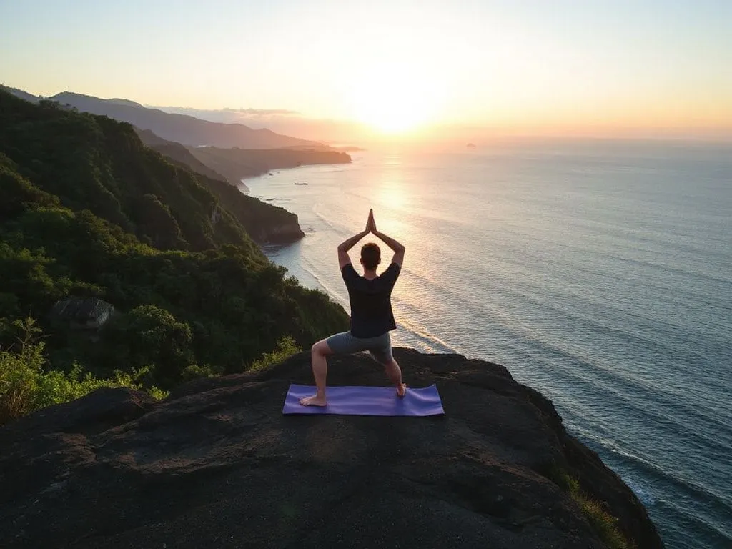 A serene yoga session at sunrise on a cliff overlooking the ocean in Bali, with a backdrop of lush greenery and clear skies, symbolizing customization of travel experiences for relaxation and wellness, professional photography style A serene yoga session at sunrise on a cliff overlooking the ocean in Bali, with a backdrop of lush greenery and clear skies, symbolizing customization of travel experiences for relaxation and wellness, professional photography style