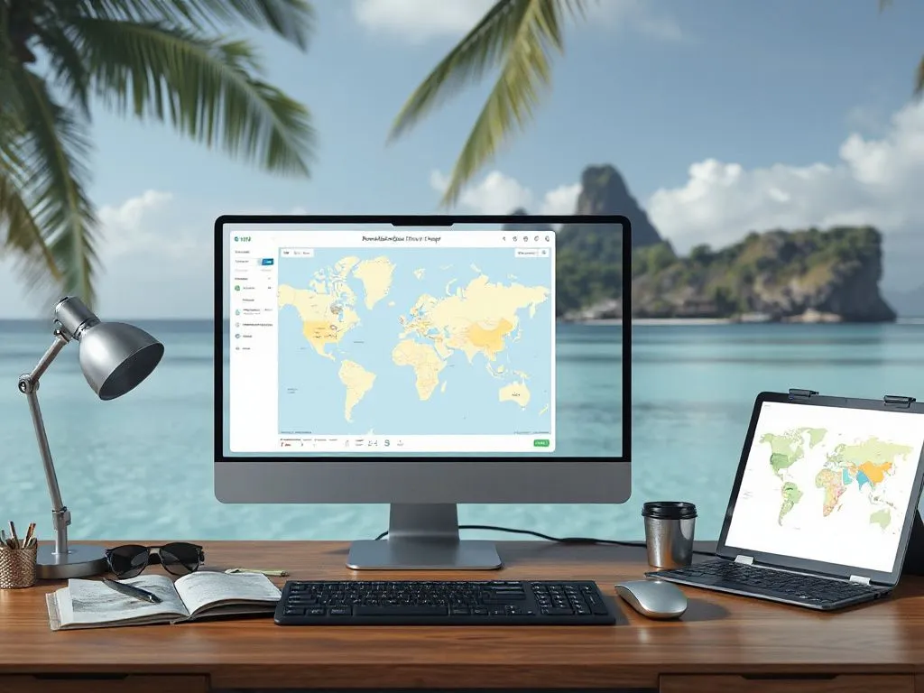 Setup of a traveler's desk with a high-tech interface showing a digital map and personalized itinerary planning screen, tropical Bali in the background, symbolizing AI-enhanced itinerary creation, high quality, modern style Setup of a traveler's desk with a high-tech interface showing a digital map and personalized itinerary planning screen, tropical Bali in the background, symbolizing AI-enhanced itinerary creation, high quality, modern style