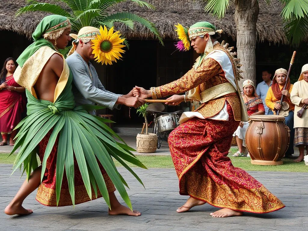 Photorealistic depiction of a traditional Balinese pandan-leaf duel (mekare-kare) during the Ngusaba Festival, with participants in traditional attire, vibrant setting complemented by selundang gamelan instruments