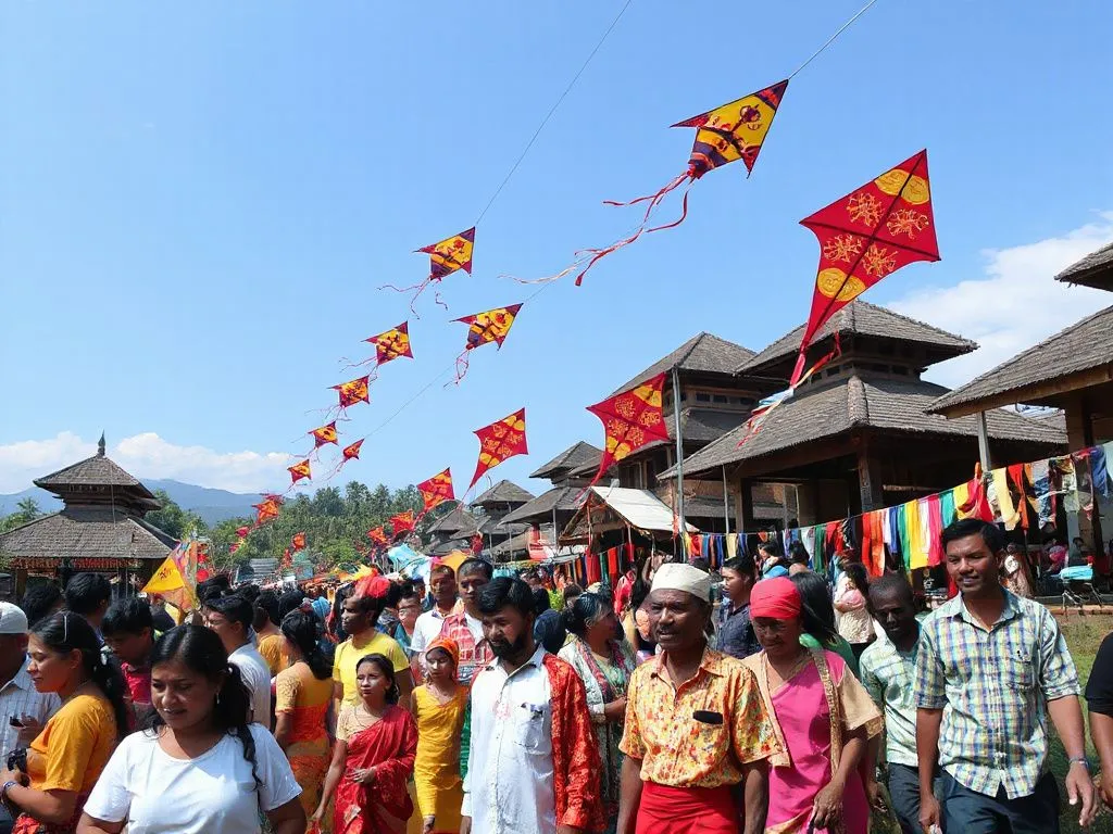 Festival scene at Bali Kite Festival with colorful detailed kites in the sky, joyful local community in celebration, and traditional attire on display