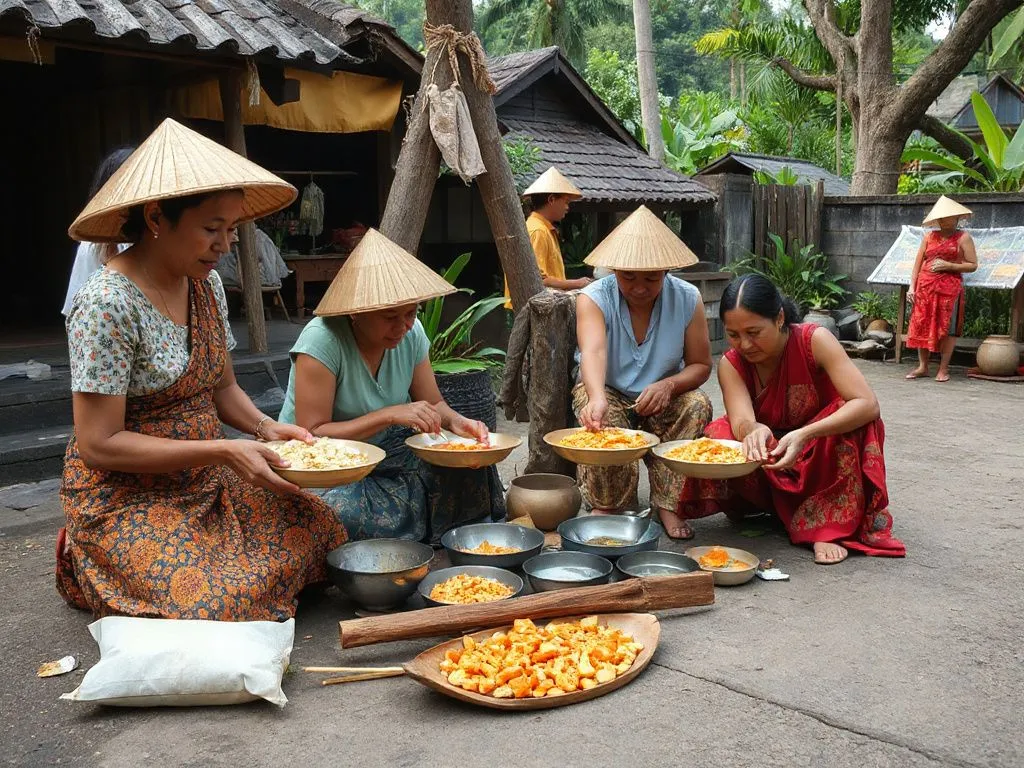 Local Balinese people preparing traditional ceremonial offerings in a village setting, showcasing cultural activities and community spirit, photorealistic