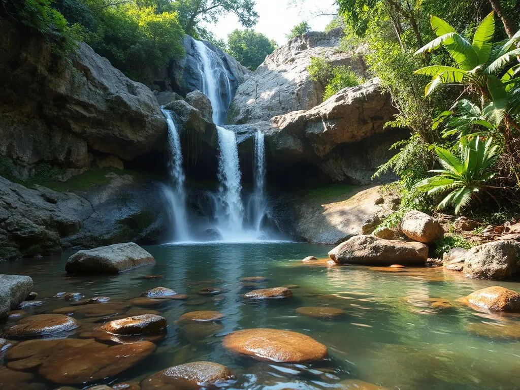 Peaceful nature scene with Aling-Aling waterfall cascading through rocks, inviting natural pools, tropical vegetation, high quality and photorealistic