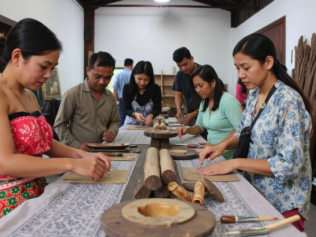 Scene of artisans and travelers participating in a traditional Balinese batik or woodcarving workshop, detailed view of cultural craftsmanship