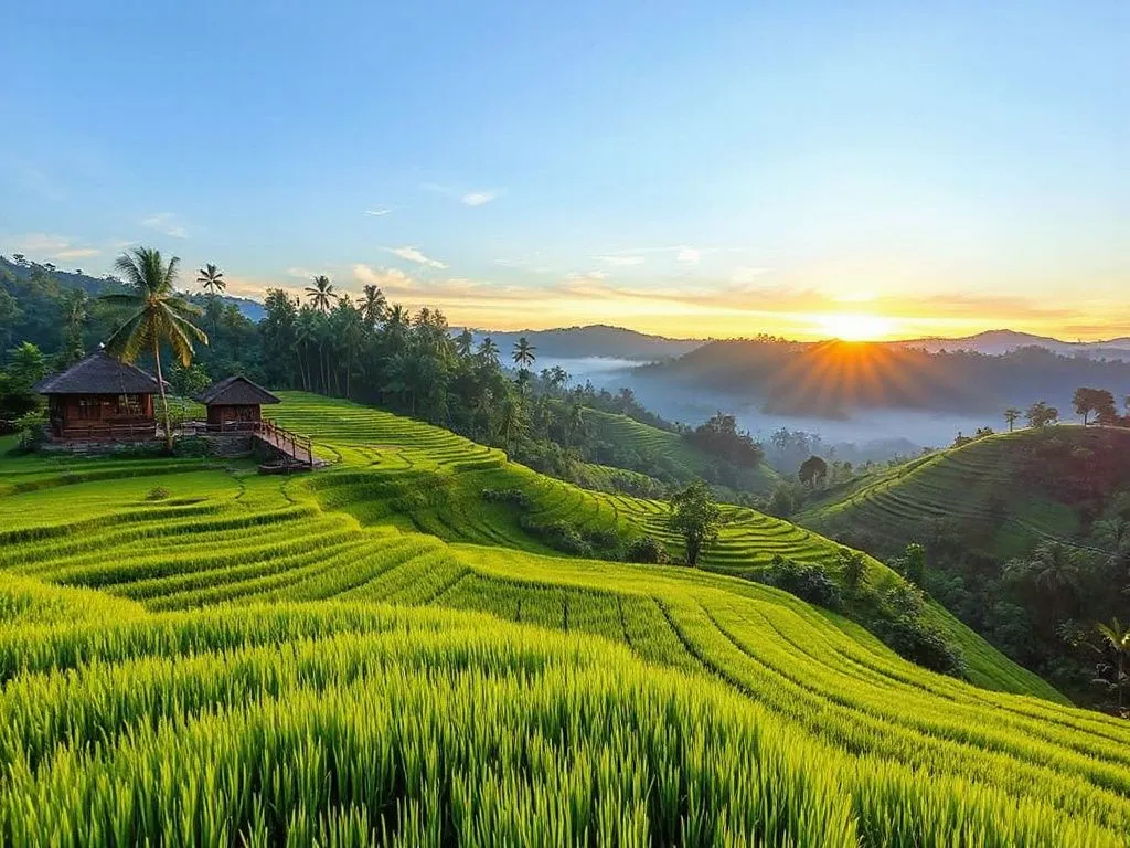 Scenic view of Ubud's emerald-green rice terraces at sunrise or sunset, showcasing the peaceful and lush surroundings, photorealistic and detailed
