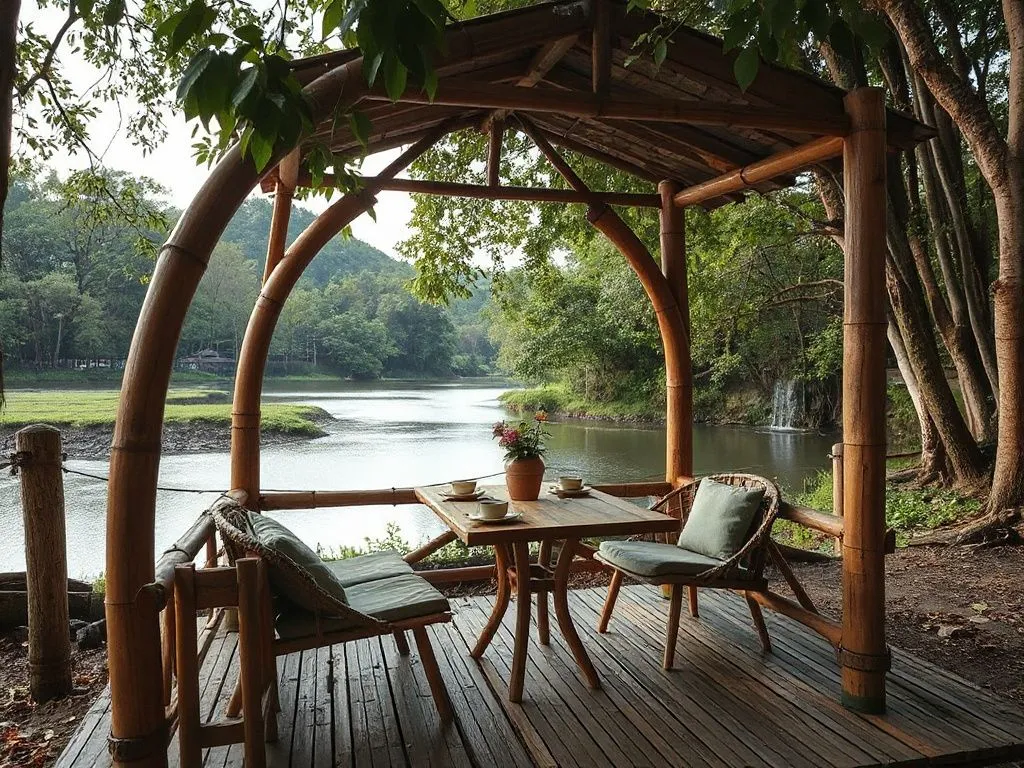 Bamboo dining pod by the river in Ubud, photorealistic, high quality, natural setting, tranquil ambiance, detailed bamboo texture