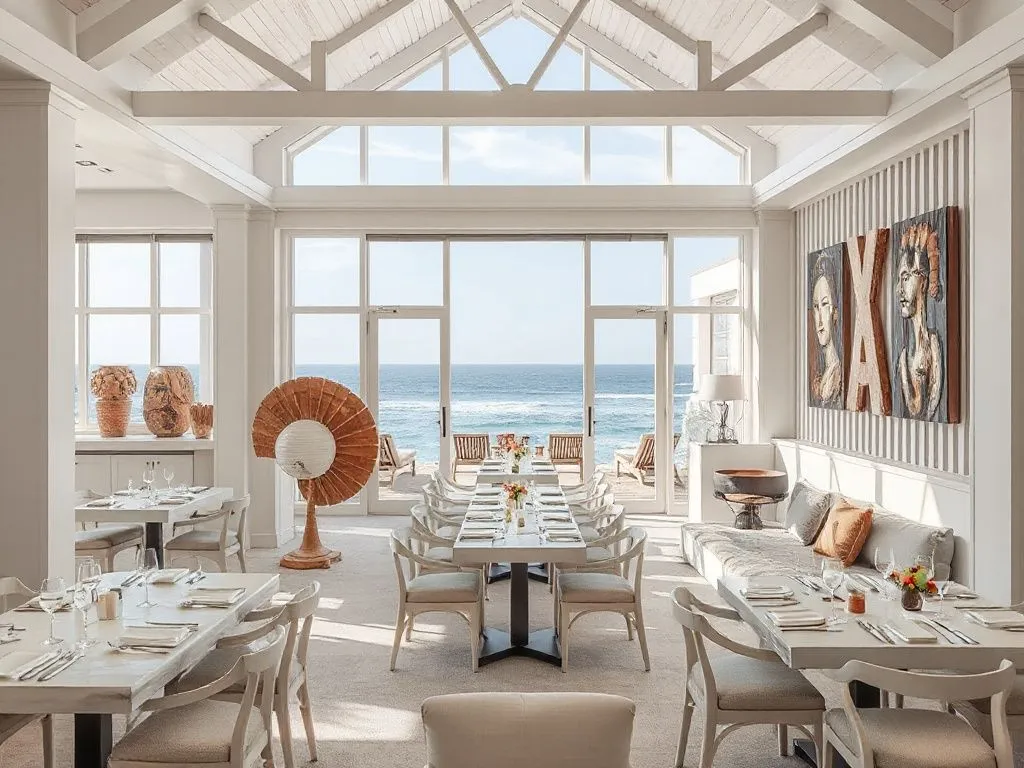 Elegant restaurant interior with white wood decor and ocean view, high quality, natural lighting, minimalist design, featuring Balinese artifacts