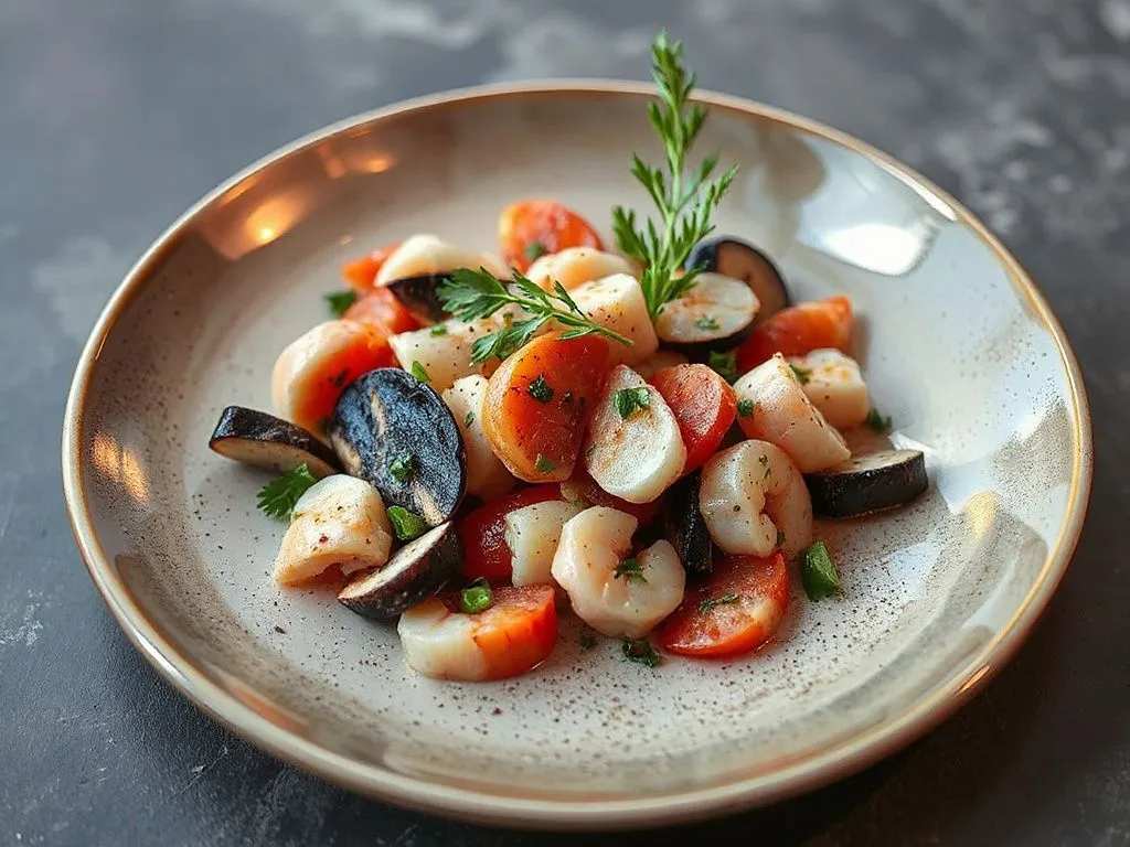 Exquisite modern plate with delicate seafood crudo, photorealistic, high detail, vibrant colors, artistic presentation on handcrafted ceramics