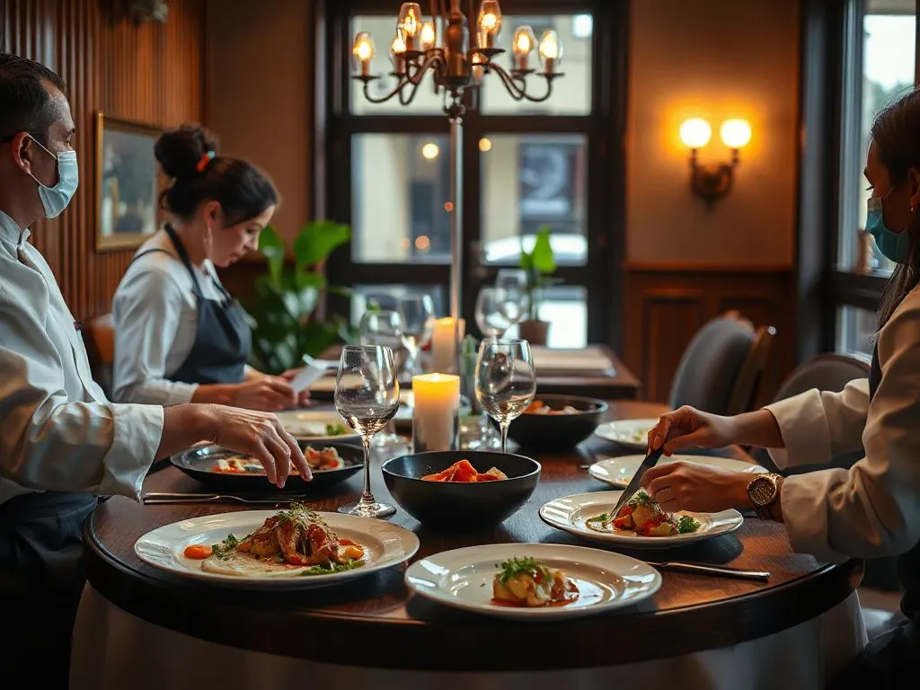 Intimate dining experience with a chef’s table, high quality, detailed, focus on culinary preparations, warm ambiance, close-up of plating techniques