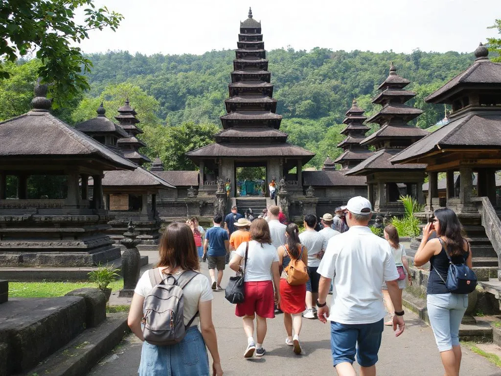 Bali cultural tour with tourists exploring temple grounds, guided walk among ancient structures, lush background, daylight, engaging experience