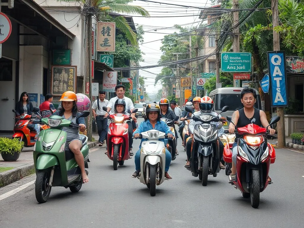Bali streets bustling with scooters, vibrant scenery, local riders, cultural setting, dynamic composition, realistic depiction