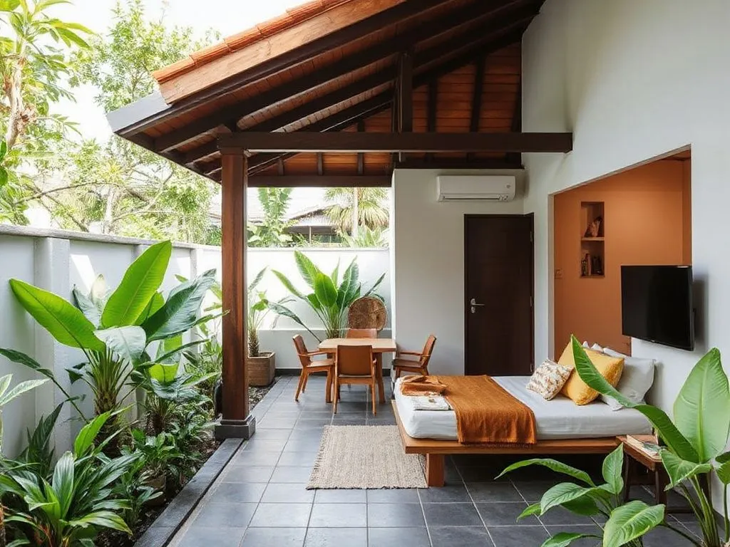 Budget accommodations in Bali: cozy guesthouse with tropical garden, minimalist style, photorealistic, inviting atmosphere, focus on affordability