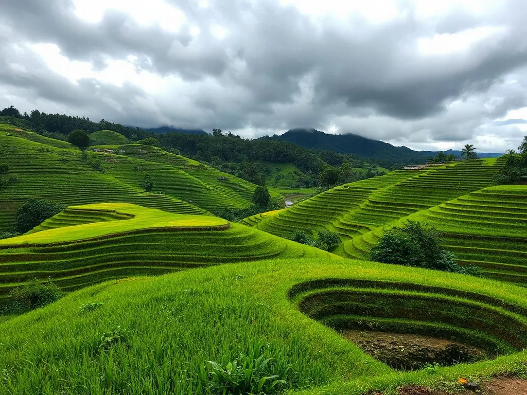 Lush Bali rice terraces under cloudy skies, reflecting wet season vibrancy, professional photography, detailed, saturated green colors