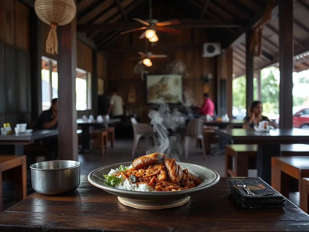Traditional Balinese warung with nasi goreng being served, authentic setting, rich colors, steaming local dish, high detail, cultural focus