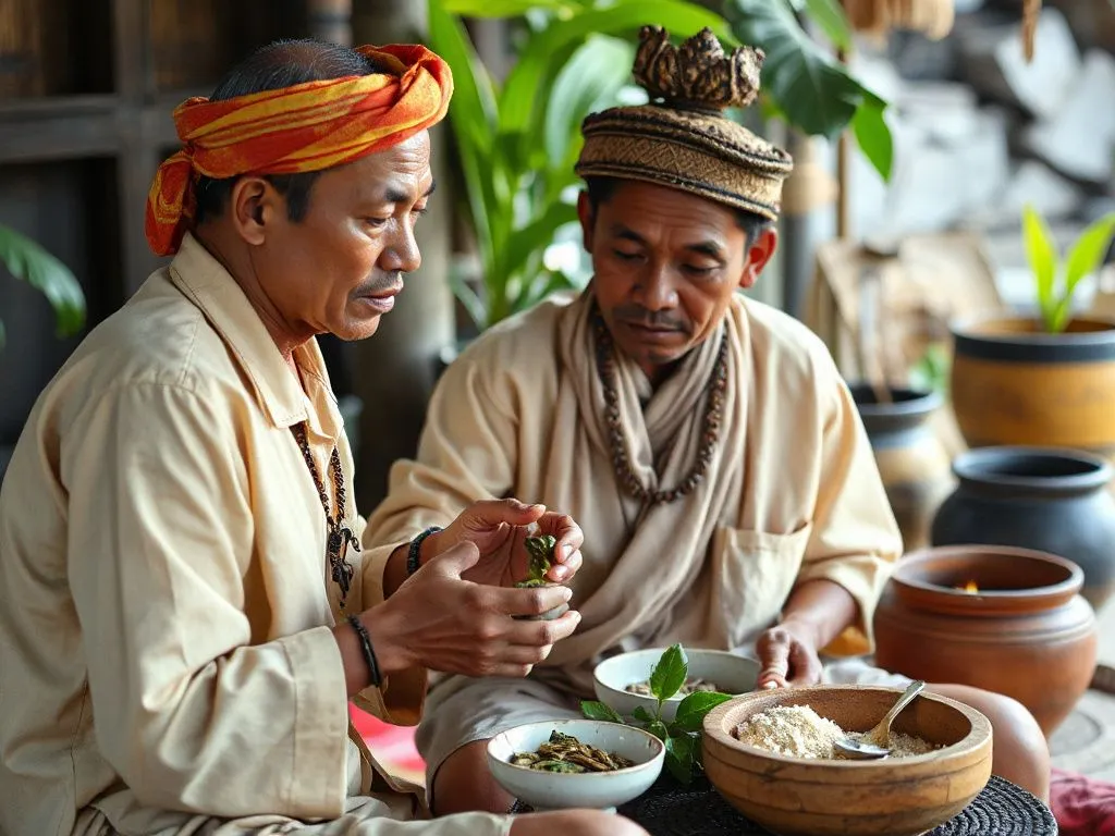 Balinese healer performing traditional healing with herbal medicine and ritual tools, photorealistic, high quality, cultural setting, deep focus