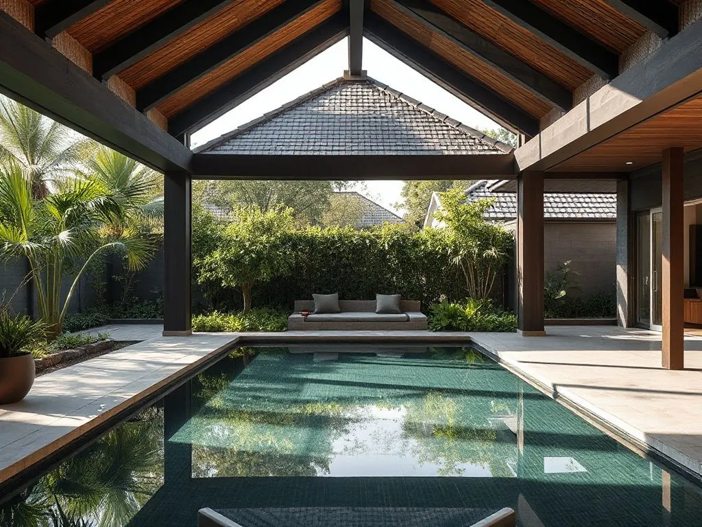 Luxurious private villa with serene garden for meditation, photorealistic, high quality, tranquil environment, natural lighting, modern design