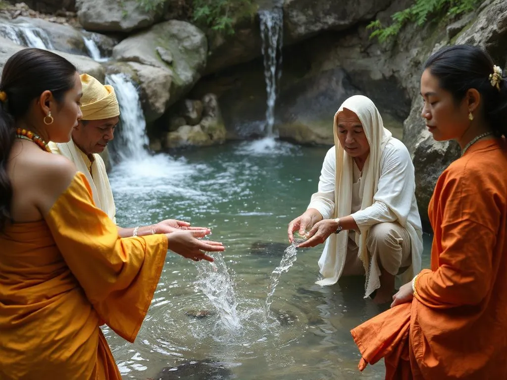 Melukat water purification ceremony at sacred springs, photorealistic, high quality, cultural attire, spiritual atmosphere