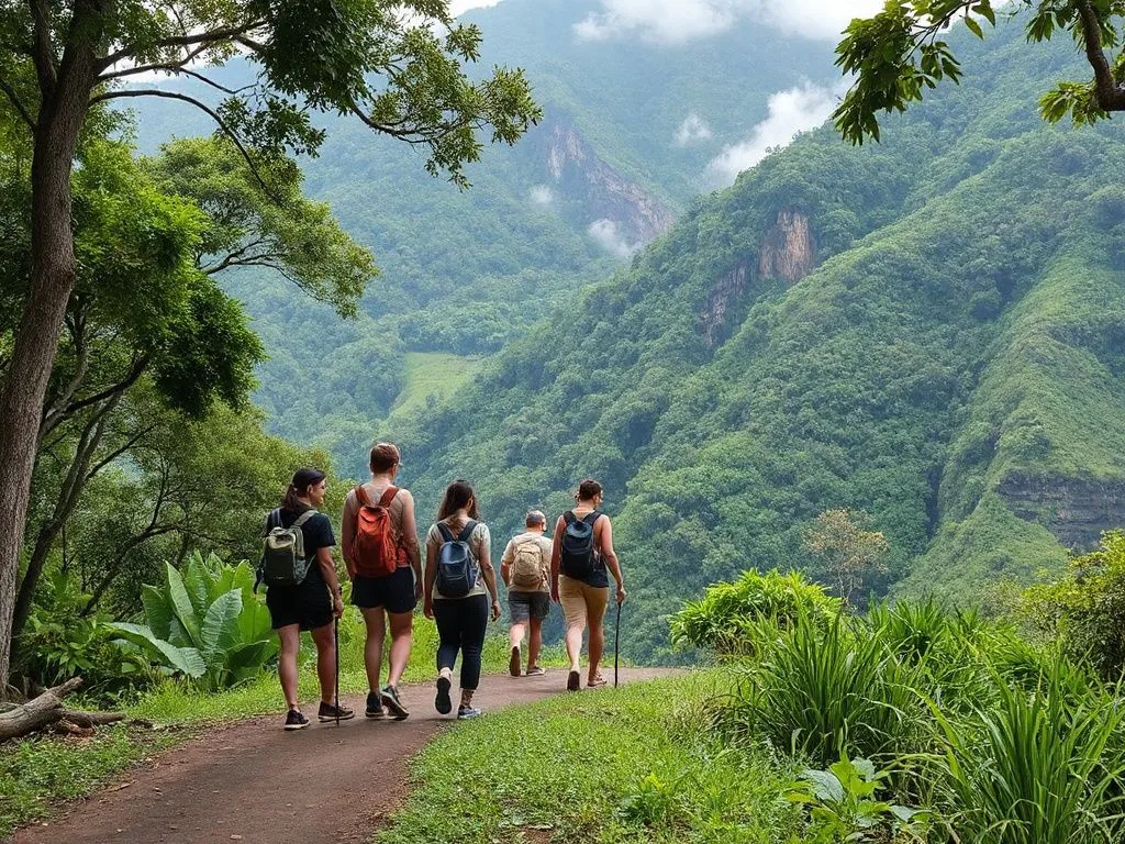 Visitors on a personalized wellness retreat hiking amidst Bali's lush landscapes, photorealistic, high quality, natural elements, exploration and relaxation
