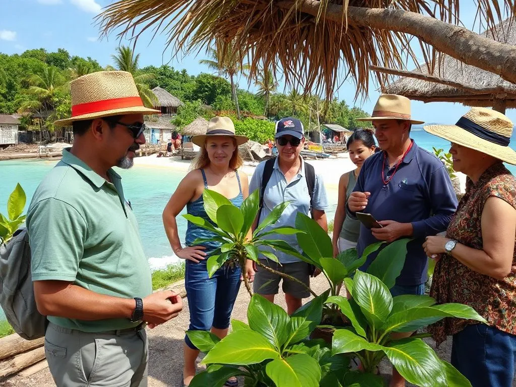 Coastal village scene with local guides showing native plants to tourists, reef-safe beaches in the background, cultural exploration, high-quality, professional lighting Coastal village scene with local guides showing native plants to tourists, reef-safe beaches in the background, cultural exploration, high-quality, professional lighting