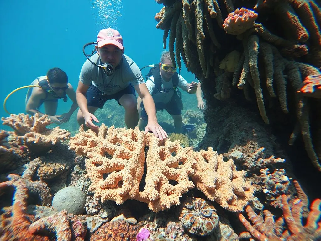 Community project with locals and tourists involved in coral restoration, attaching coral fragments to reef structures, photorealistic, vibrant underwater scene Community project with locals and tourists involved in coral restoration, attaching coral fragments to reef structures, photorealistic, vibrant underwater scene