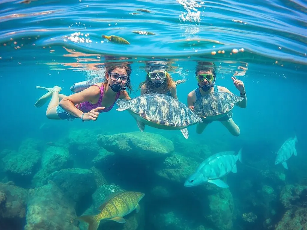 Eco-conscious travelers snorkeling in calm waters, with emphasis on no-touch rules and buoyancy, surrounded by diverse marine life, photorealistic, underwater photography Eco-conscious travelers snorkeling in calm waters, with emphasis on no-touch rules and buoyancy, surrounded by diverse marine life, photorealistic, underwater photography