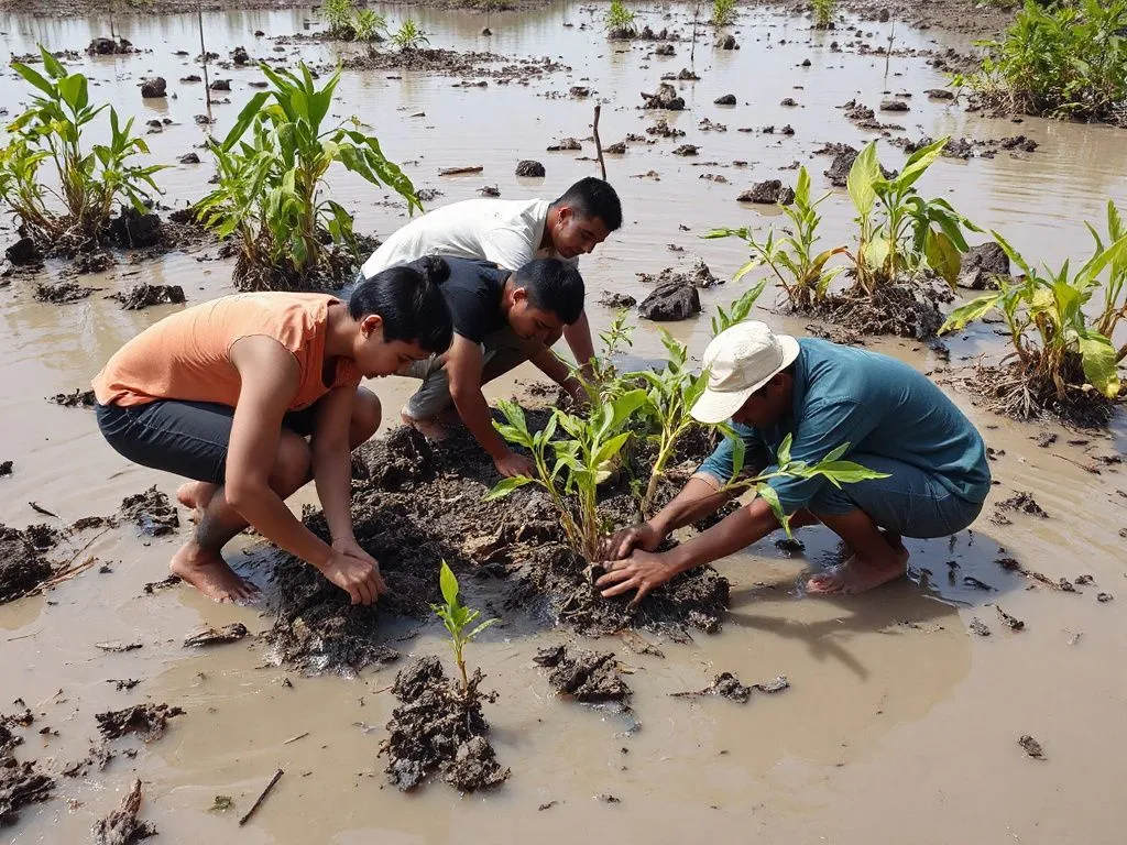 People participating in a mangrove restoration project, planting saplings in muddy waters, community involvement in conservation, photorealistic, high-quality, natural lighting People participating in a mangrove restoration project, planting saplings in muddy waters, community involvement in conservation, photorealistic, high-quality, natural lighting
