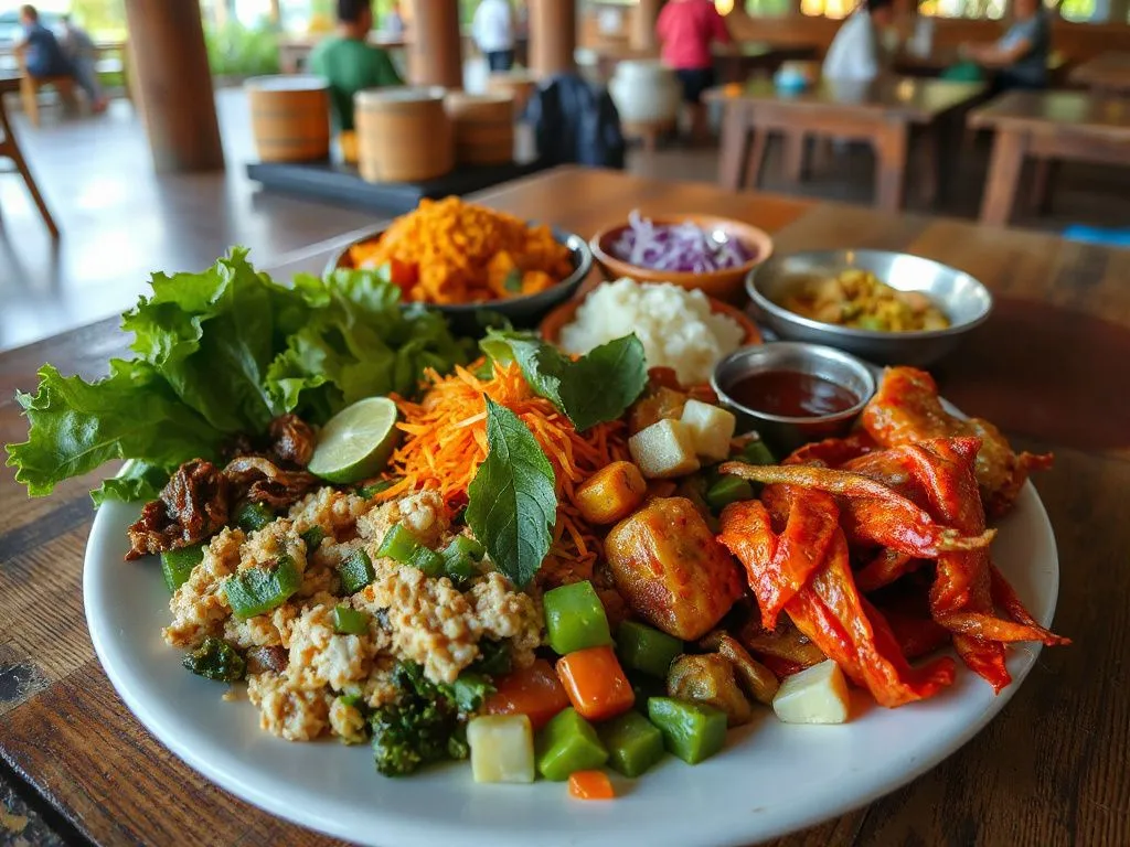 Plateful of plant-based dishes made from locally sourced ingredients at a traditional warung, vibrant colors, cultural setting, high-quality, detailed food photography Plateful of plant-based dishes made from locally sourced ingredients at a traditional warung, vibrant colors, cultural setting, high-quality, detailed food photography
