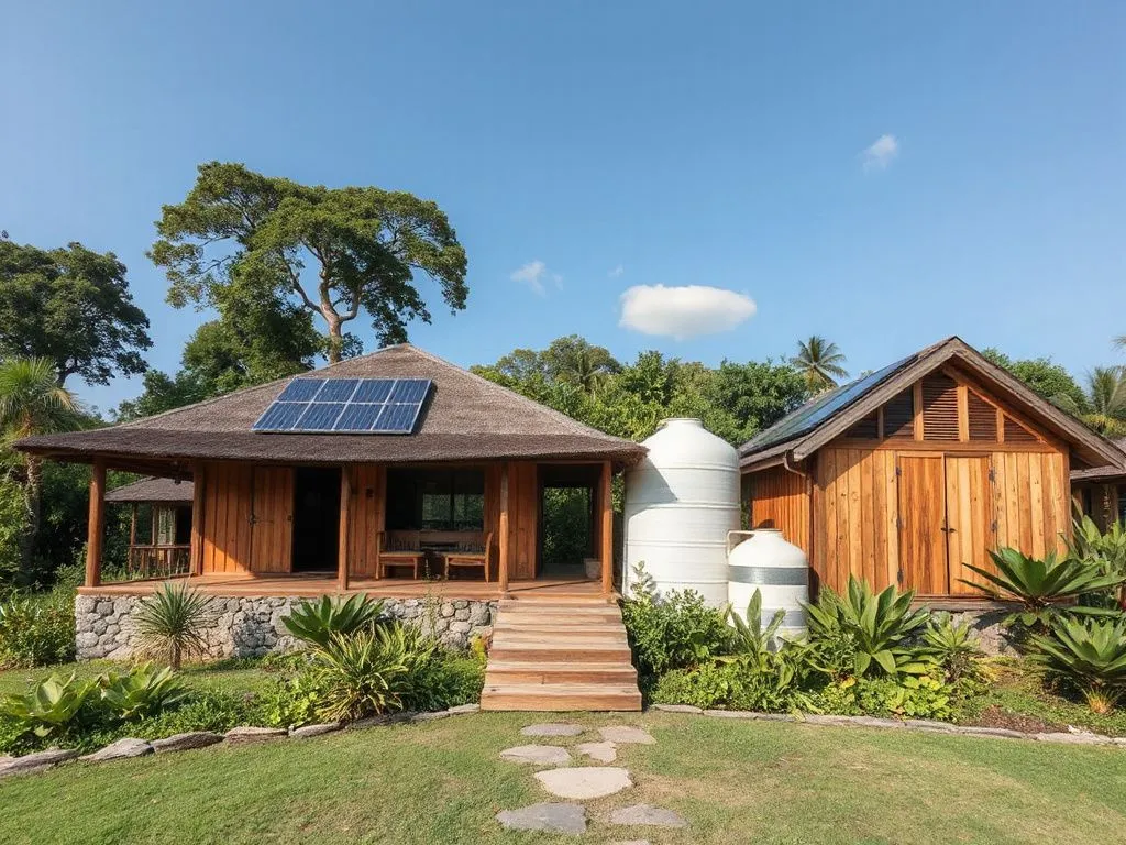 Rustic ecolodge on Nusa Lembongan, featuring solar panels and rainwater tanks, surrounded by lush gardens, photorealistic, high-quality, minimalist design Rustic ecolodge on Nusa Lembongan, featuring solar panels and rainwater tanks, surrounded by lush gardens, photorealistic, high-quality, minimalist design
