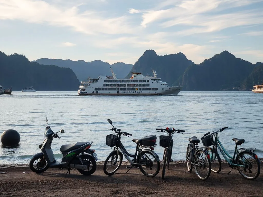 Scenic shot of ferries sailing between Bali islands, with electric scooters and bicycles ready on shore, illustrating sustainable transport, high-quality, professional photography Scenic shot of ferries sailing between Bali islands, with electric scooters and bicycles ready on shore, illustrating sustainable transport, high-quality, professional photography