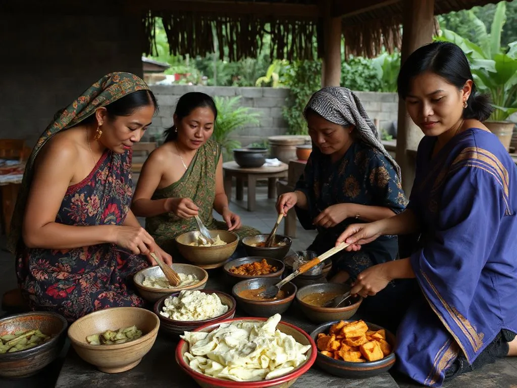 Balinese family preparing meals together, using traditional food preparation techniques, showing harmony and cooperation in a cultural setting, natural calm evening light Balinese family preparing meals together, using traditional food preparation techniques, showing harmony and cooperation in a cultural setting, natural calm evening light