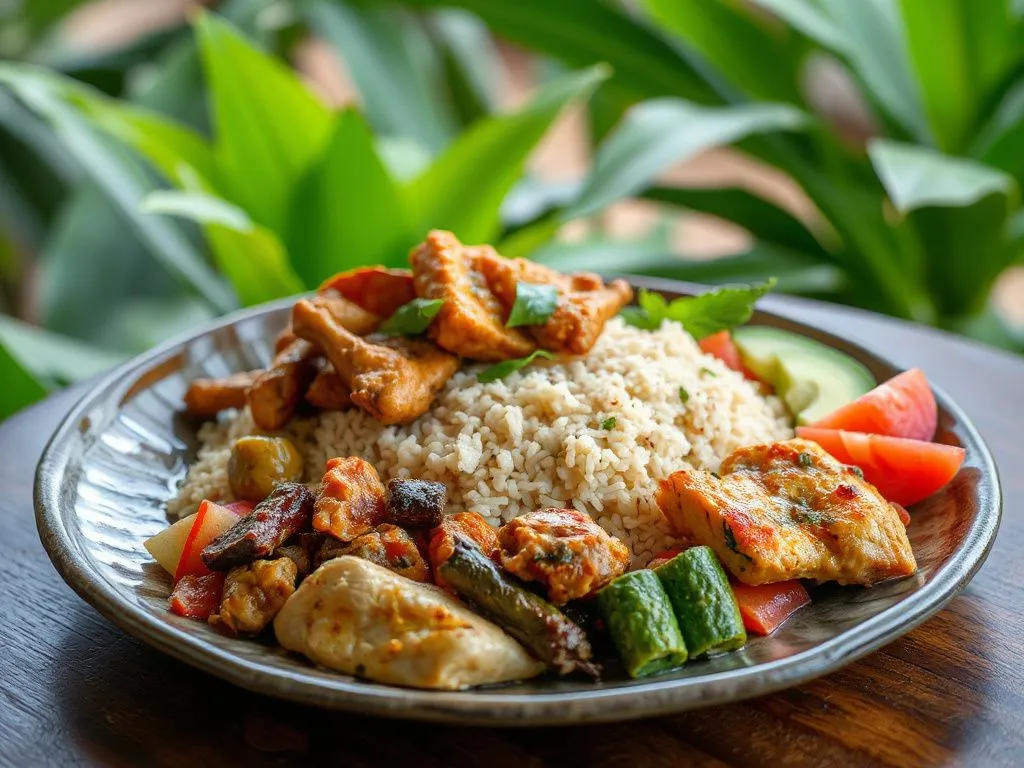A beautifully presented dish of Nasi Campur with a variety of side dishes such as tempeh, vegetables, and chicken, on a rustic-style plate, with vibrant colors and a tropical backdrop, professional lighting A beautifully presented dish of Nasi Campur with a variety of side dishes such as tempeh, vegetables, and chicken, on a rustic-style plate, with vibrant colors and a tropical backdrop, professional lighting