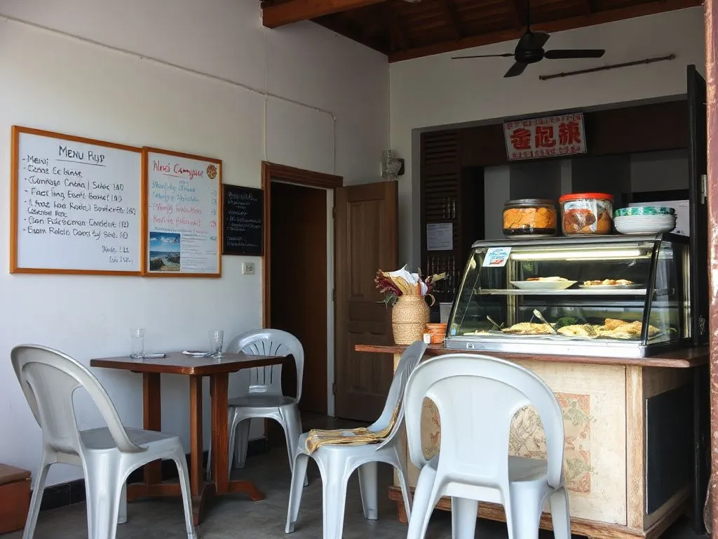 A cozy, family-run warung in Bali, with plastic chairs, handwritten menu board, and a glass display case showing dishes like fish and nasi campur, natural lighting, simple and authentic setting A cozy, family-run warung in Bali, with plastic chairs, handwritten menu board, and a glass display case showing dishes like fish and nasi campur, natural lighting, simple and authentic setting