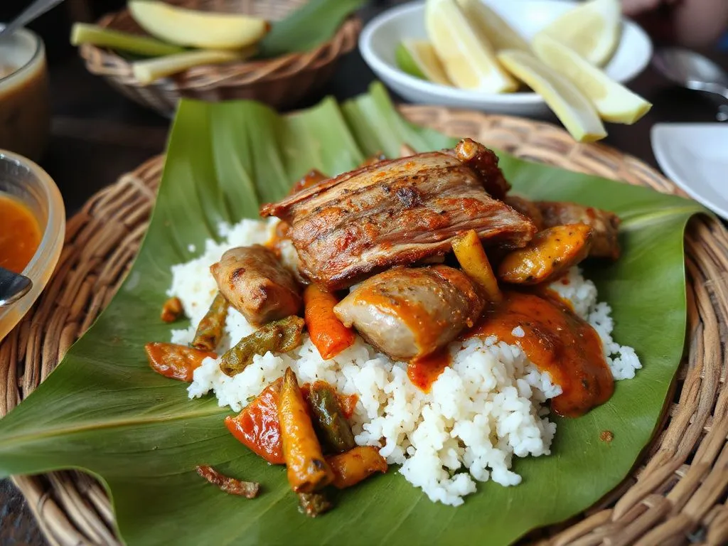 A serving of Babi Guling with tender, crispy skinned pork, rice, and Balinese spices on a woven banana leaf, set in a traditional eatery, high quality, attractive food styling A serving of Babi Guling with tender, crispy skinned pork, rice, and Balinese spices on a woven banana leaf, set in a traditional eatery, high quality, attractive food styling