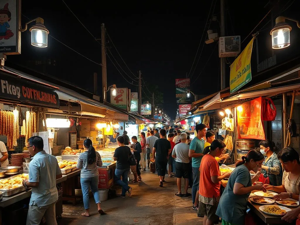 Vibrant night market scene in Gianyar, with busy food stalls offering a variety of traditional Balinese snacks like bakso and jaje laklak, under bright lights, people enjoying meals, photorealistic Vibrant night market scene in Gianyar, with busy food stalls offering a variety of traditional Balinese snacks like bakso and jaje laklak, under bright lights, people enjoying meals, photorealistic