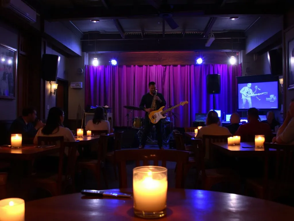 Candlelit tables at a jazz bar in Ubud, focusing on a small stage with musicians playing jazz instruments, intimate setting with attentive audience and ambient lighting
