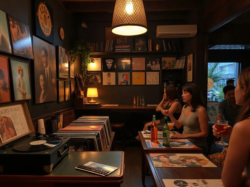 A cozy cocktail and vinyl bar in Bali with an eclectic interior, vintage record player, colorful vinyl covers, and patrons enjoying cocktails in a low-lit setting