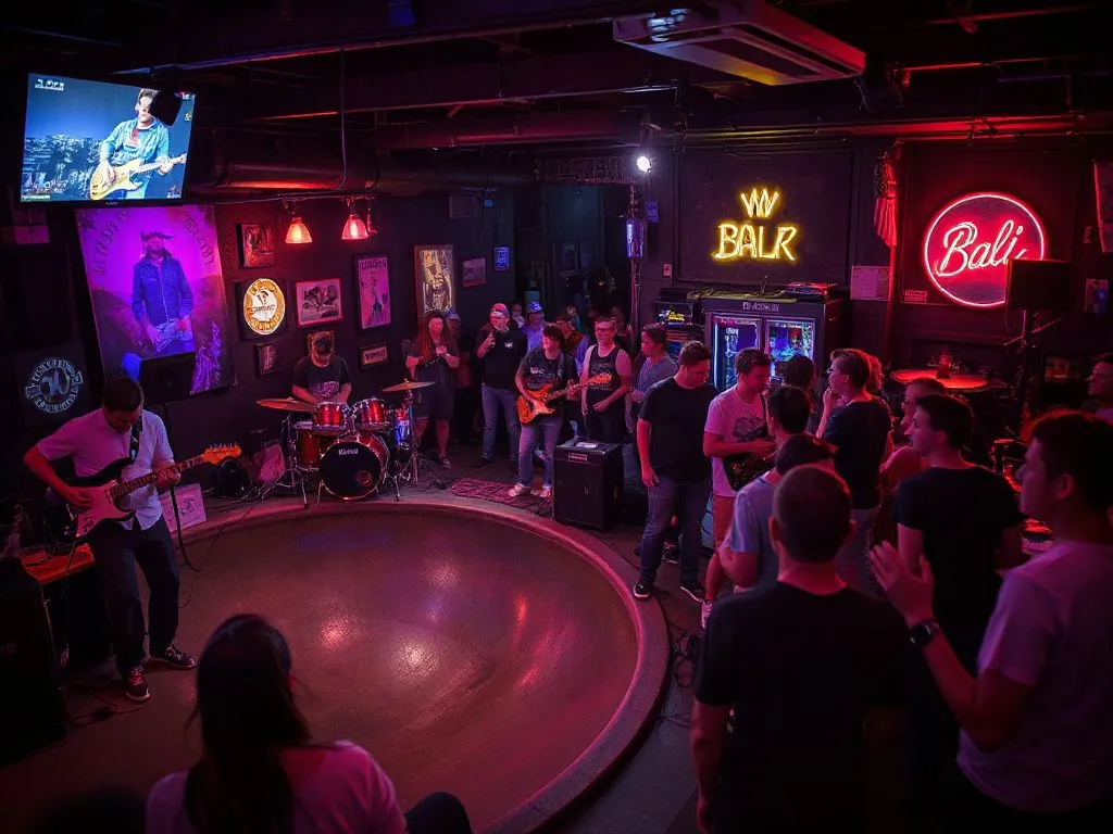 Live music performance at a Bali bar, featuring musicians playing guitars and drums next to a skate bowl, surrounded by a lively crowd with a vibrant punk atmosphere