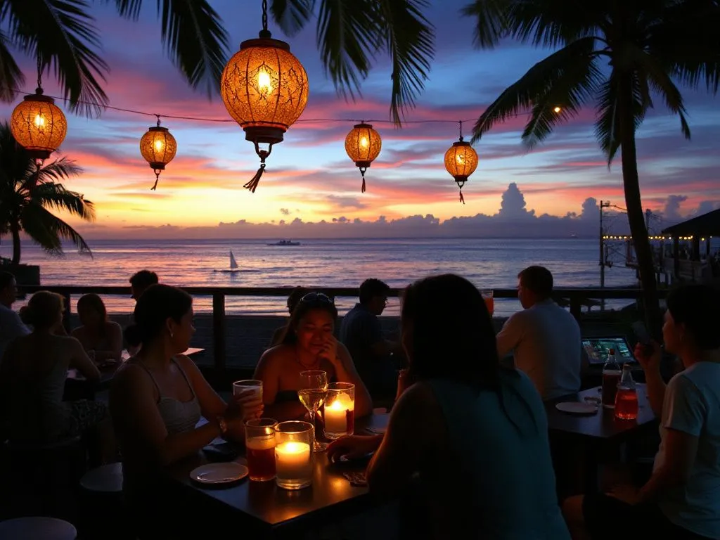 A serene night scene in Bali's nightlife with tourists and locals enjoying drinks at a beach bar, set against a picturesque sunset view, with lanterns, tropical atmosphere, and informal gathering