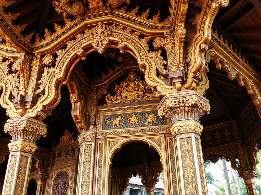 Detailed image of intricate carvings and gilded details of a Balinese palace pavilion, featuring artisans' work under royal patronage, high quality, focused detail
