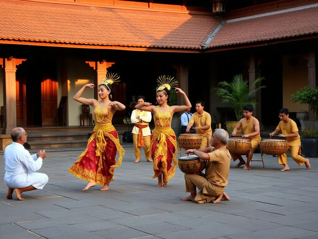Photograph of a Balinese dance performance in a traditional courtyard, with dancers in gold-thread costumes and a gamelan ensemble, lit by warm evening light