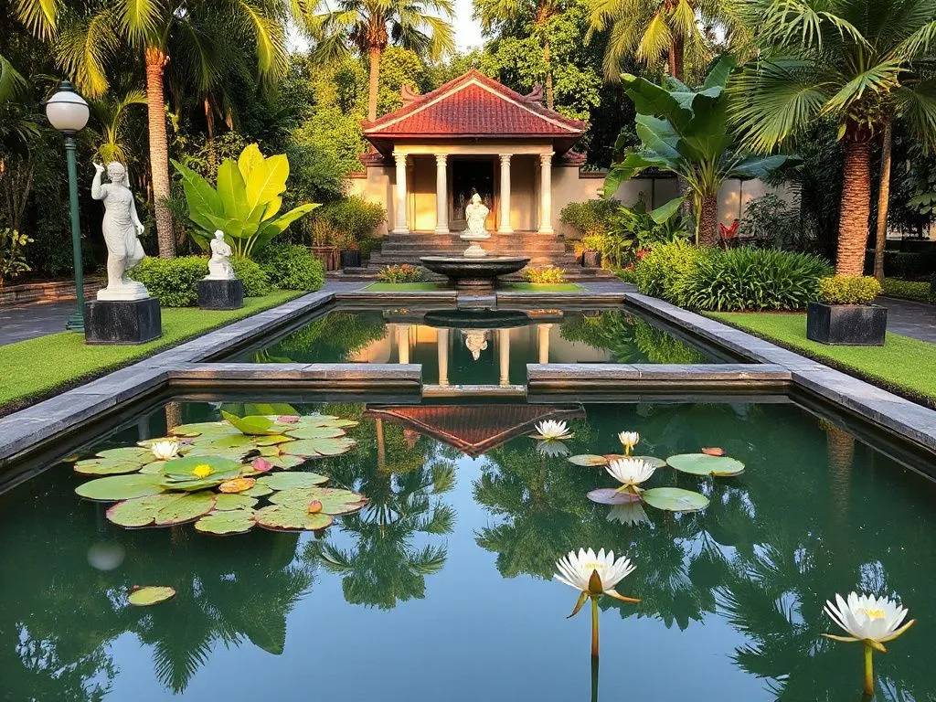 A serene water garden at Tirta Gangga with clear pools, stone paths, lotus beds, and elegant sculptures, surrounded by tropical greenery, taken during golden hour lighting