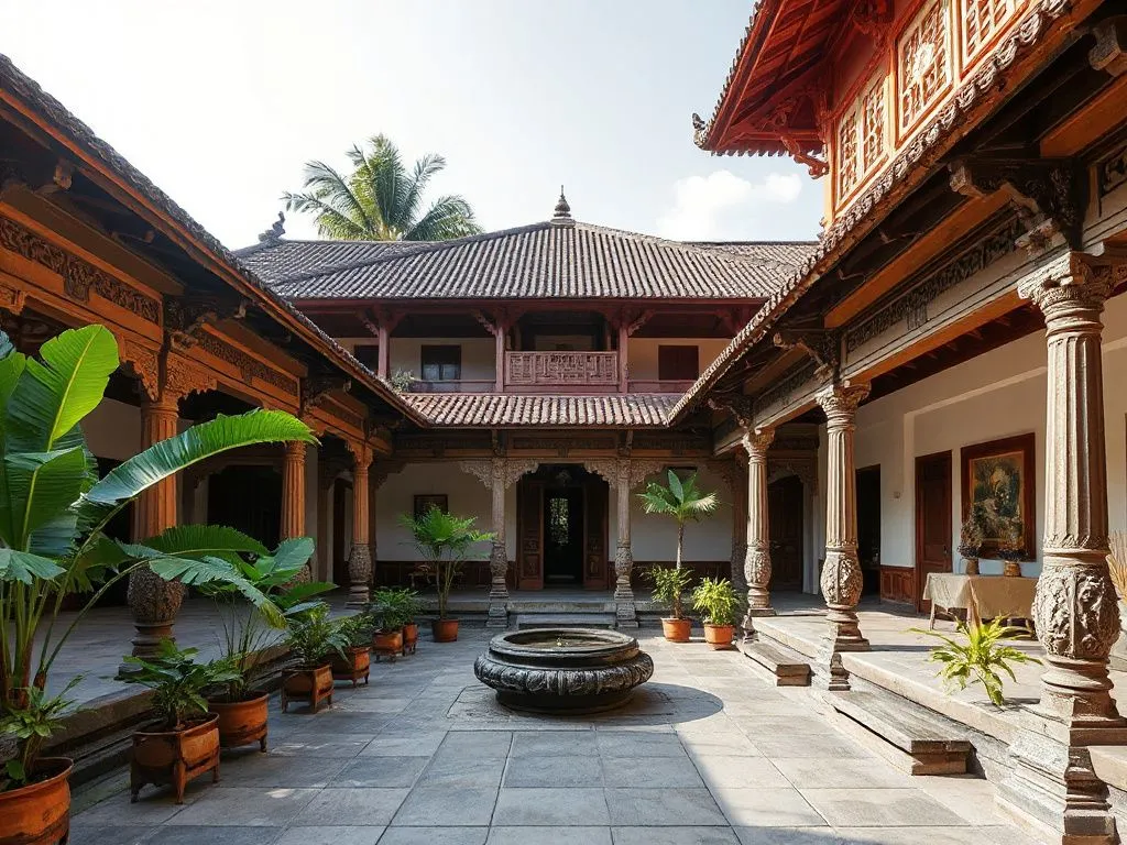 Photorealistic image of a traditional Balinese royal palace courtyard, with open pavilions, intricate carvings, and lush tropical foliage, professional photography style