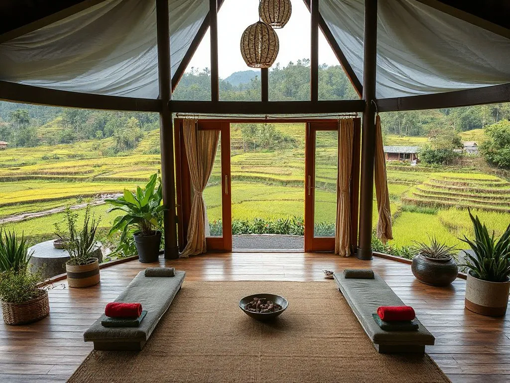 A cozy and inviting Bodhi Leaf Wellness retreat setting with a view of rice terraces, featuring a calming space for meditation, natural amenities like permaculture gardens, and a peaceful balance with nature.
