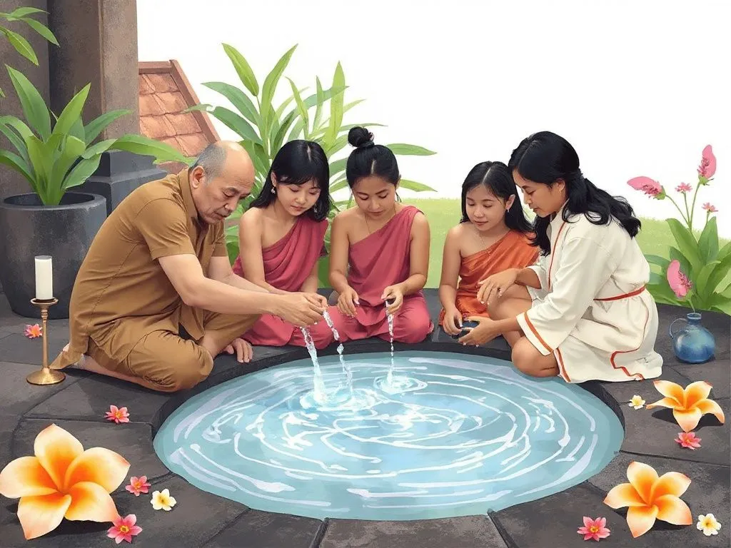 An intimate illustration of a small group engaging in a Melukat water purification ritual in Bali, depicting flowing holy water, ceremonial flowers, and a peaceful spiritual setting.