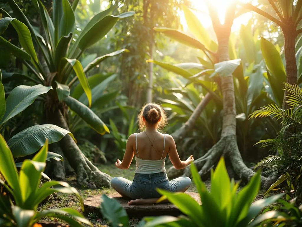 A peaceful scene of a woman meditating in a lush Bali jungle, surrounded by tropical plants and soft natural light, capturing the tranquility and focus of stress relief on vacations.